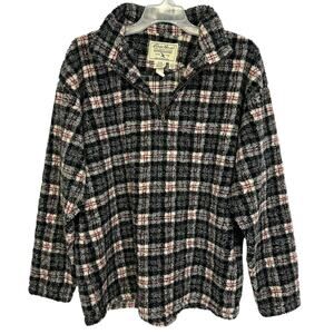 Vintage Eddie Bauer Quarter Zip Fleece Pullover Plaid Black Red Size M Tall